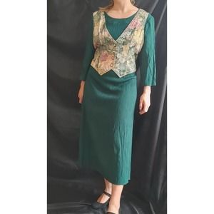 Vintage Cottagecore Forest Green Dress w Built in Tapestry Vest Size 14